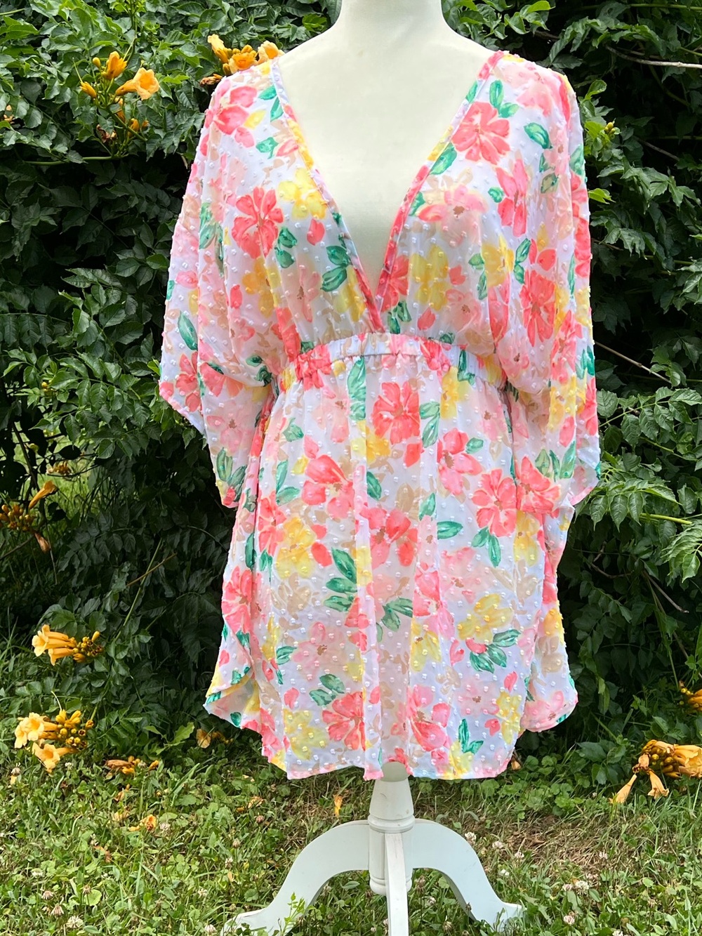 TIME and TRU FLORAL V-NECK SWISS DOT SHEER COVERUP